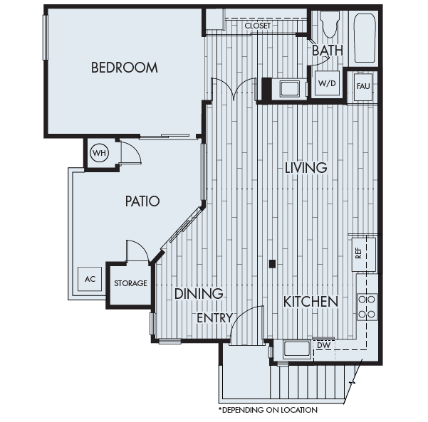 Floor plan for 1 bed, 1 bath, 736 sqft